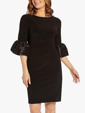 Adrianna Papell 16 Black Draped Jersey Short Sheath Dress Bell Sleeves NWT